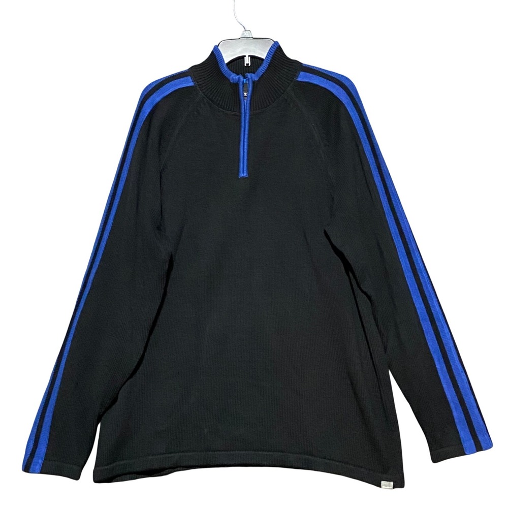 Eddie Bauer Mens Black Blue Stripe 1/4 Zip Mock Neck Sweater Knit Size TL Sporty